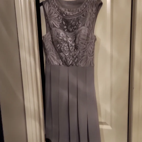slim fit dress slacks Sue Wong Grey Silk Beaded Dress